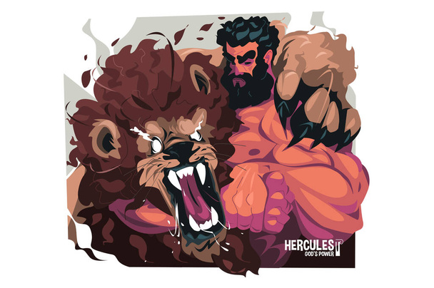 Hércules lucha con la ilustración de vectores de caracteres de león. Intensa escena de lucha, Hércules exprimen cuello de león valiente. - Vector, imagen