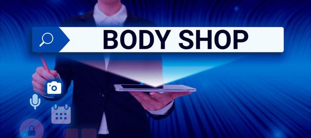 Concettuale didascalia Body Shop, Concetto significa un negozio dove le carrozzerie automobilistiche sono fatte o riparate - Foto, immagini