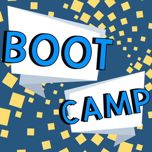 Käsiala teksti Boot Camp, Concept merkitys sotilaallinen harjoitusleiri uusille tulokkaille Kova kuri Fitness - Valokuva, kuva