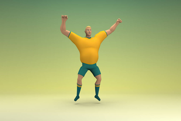Een atleet met een geel shirt en een groene broek springt. 3d weergave van stripfiguur in acteren. - Foto, afbeelding