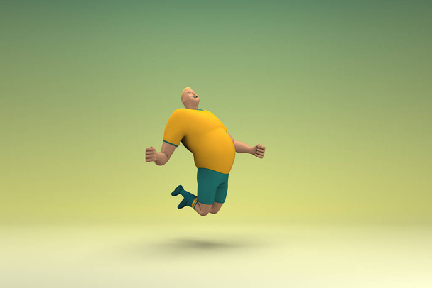 Un atleta con una camisa amarilla y pantalones verdes está saltando. 3d representación del personaje de dibujos animados en la actuación. - Foto, imagen