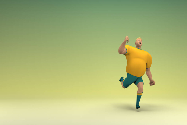 An athlete wearing a yellow shirt and green pants is runing. 3d rendering of cartoon character in acting. - Photo, Image