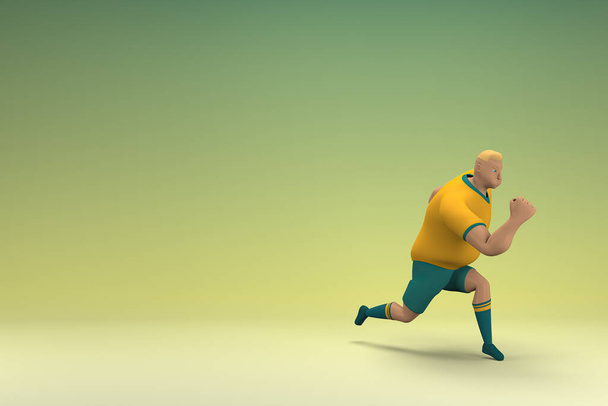 Un atleta con una camisa amarilla y pantalones verdes está corriendo. 3d representación del personaje de dibujos animados en la actuación. - Foto, Imagen