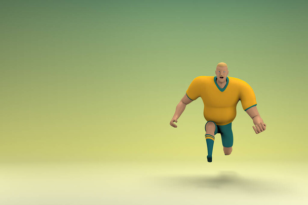 黄色のシャツと緑のパンツを着た選手がジャンプしている。演技における漫画のキャラクターの3Dレンダリング. - 写真・画像