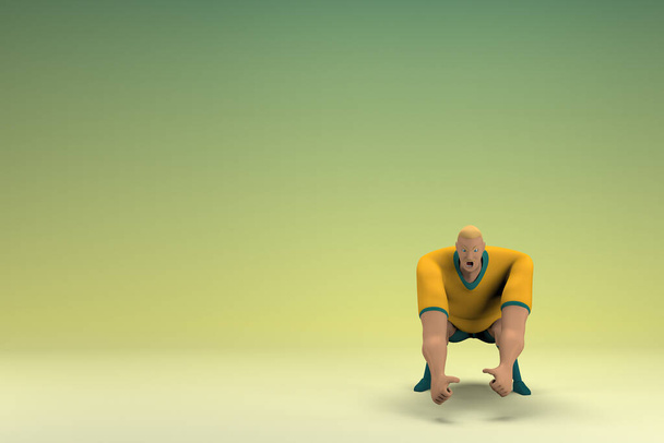 Un atleta con camisa amarilla y pantalones verdes. Está tirando o empujando algo. 3d representación del personaje de dibujos animados en la actuación. - Foto, imagen