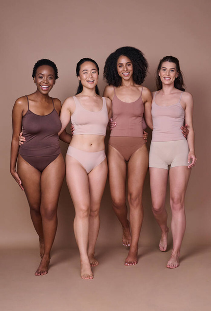 Body, diversity and beauty with women and inclusion, happy portrait and skin with fitness, body care and health. Wellness, healthy with body positivity and pride in different shape and size - Photo, Image