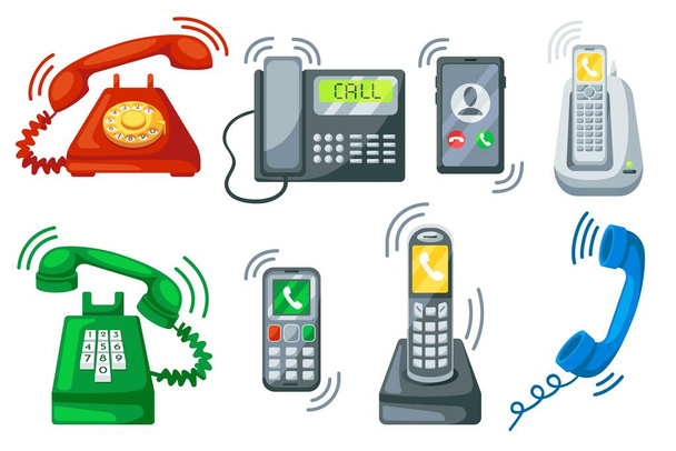 Ringing telephone. Old telephone ring with handset, incoming call on smartphone and office phone cartoon vector set of old telephone and phone illustration - Vector, Image