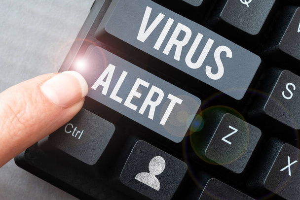 Segnale di testo che mostra Virus Alert, Business panoramica messaggio di avviso di una minaccia di virus informatici inesistente - Foto, immagini
