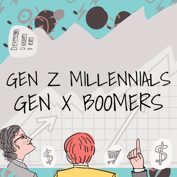Inspiration showing sign Gen Z Millennials Gen X Boomers, Conceptual photo Generational differences Old Young people - Photo, Image