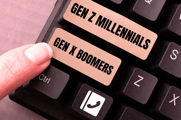 Текст, показывающий вдохновение Gen Z Millennials Gen X Boomers, Business showcase Generational differences Old Young people - Фото, изображение
