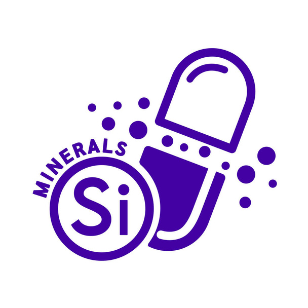 Minerales silicio icono y cápsula púrpura forma línea simple aislado sobre fondo blanco. Concepto de ciencia de símbolos médicos. Ilustración del vector EPS10. - Vector, imagen