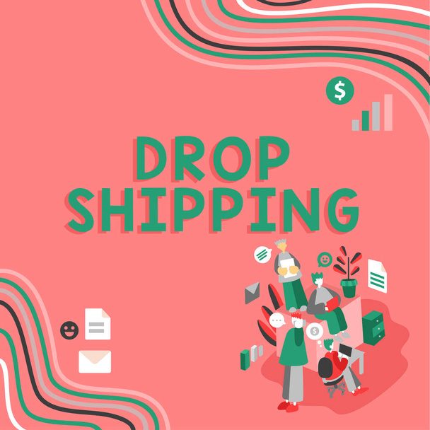 Текстовий знак, що показує Drop Shipping, бізнес-концепція відправки товарів від виробника безпосередньо клієнту замість продавця
 - Фото, зображення