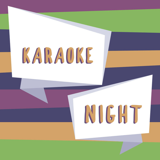 Sign, що зображає Karaoke Night, Word for Entertainment, співаючи разом з інструментальною музикою, яку грає машина - Фото, зображення