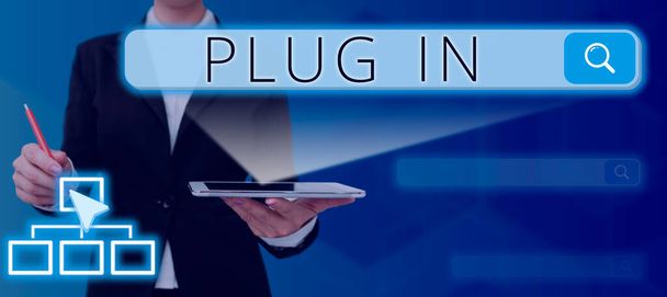Koncepční popisek Plug In, Koncepce znamená uvedení zařízení do elektrické energie pro jeho zapnutí Power it Connecting - Fotografie, Obrázek