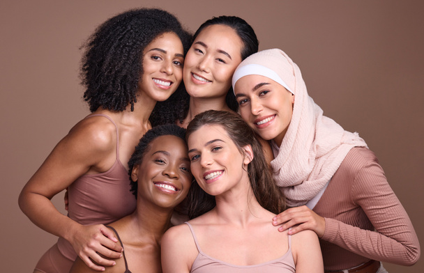 Women, faces or diversity on studio background in empowerment trust, solidarity support or community self love. Portrait, smile or group beauty models, happy facial expression or religion acceptance. - Photo, Image