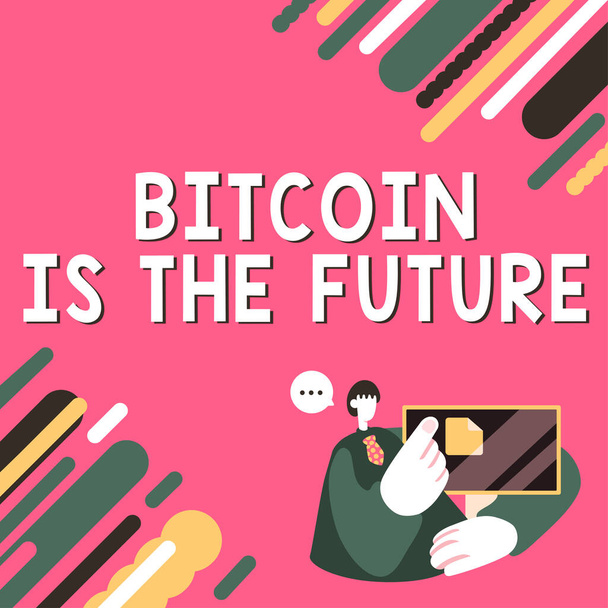 Εννοιολογική λεζάντα Bitcoin είναι το μέλλον, Εννοιολογική φωτογραφία ψηφιακή αγορά όπου οι έμποροι μπορούν να αγοράσουν και να πωλούν bitcoins - Φωτογραφία, εικόνα
