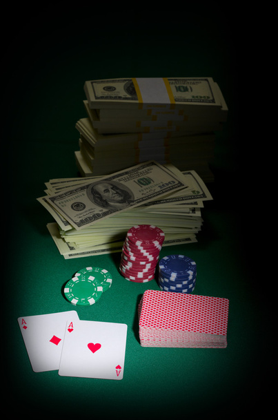 Stack of dollars chips and playing cards - Foto, Imagem