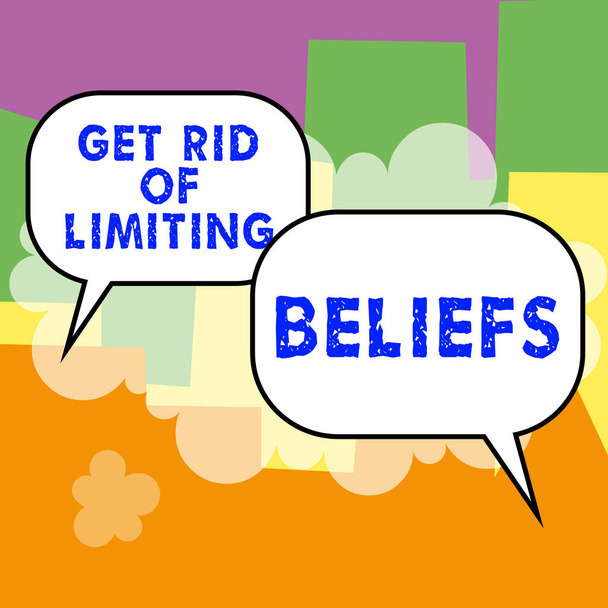 Text titulek prezentující Get Rid Of Limiting přesvědčení, obchodní vitríny odstranit negativní přesvědčení a myslet pozitivně - Fotografie, Obrázek
