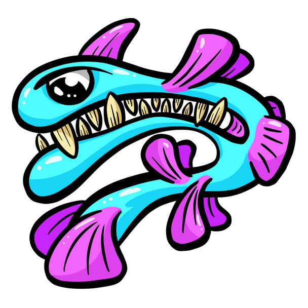 Vreemde vis Deep Sea Creature met Big Teth stripfiguur in Vector Illustratie - Vector, afbeelding