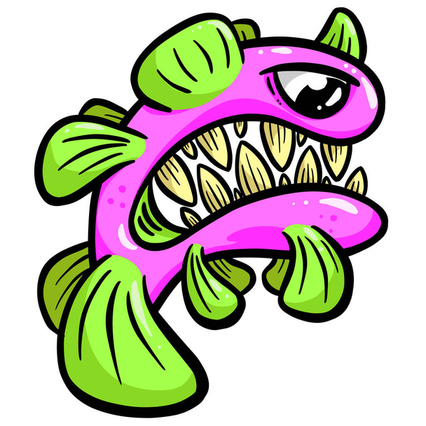 Strano pesce profondo creatura con grandi denti Cartone animato personaggio in vettoriale Illustrazione - Vettoriali, immagini