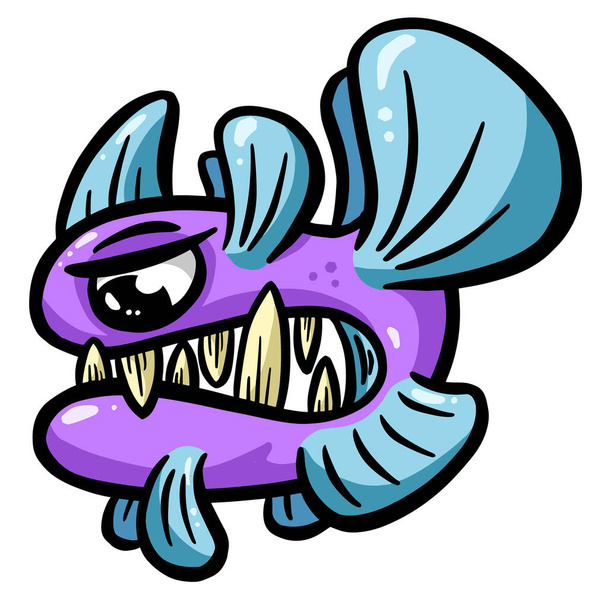 Dziwna ryba głębinowe stworzenie z dużymi zębami postać z kreskówki w ilustracji wektor - Wektor, obraz