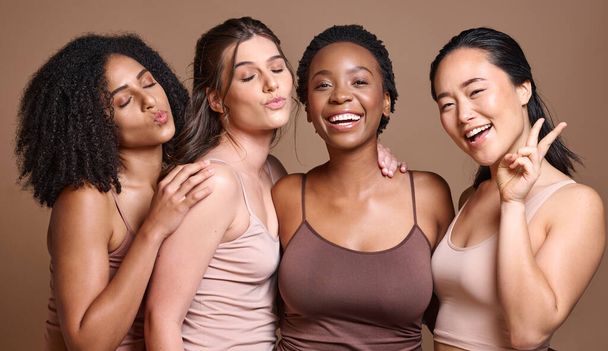 Girl friends, diversity and model group portrait feeling happy about skincare, wellness and skin glow. Women, beauty and fun hand sign showing happiness from cosmetic, dermatology and female support. - 写真・画像