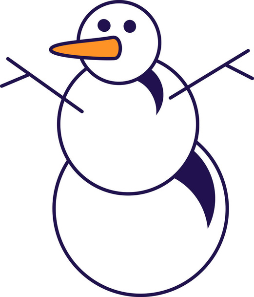 Snowman grappige outdoor seizoensgebonden decoratie vector. Sneeuwbal, hand van boomtak en neus van wortel, ijsman kerstversiering. Frosty ornament kleur platte cartoon illustratie - Vector, afbeelding