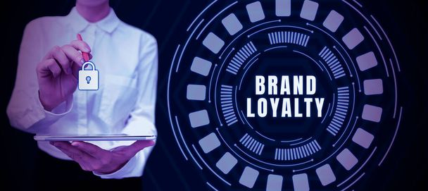 Κείμενο που δείχνει έμπνευση Brand Loyalty, Επιχειρηματική ιδέα Επαναλάβετε Αγορά Πρέσβης Προστάτης Αγαπημένο - Φωτογραφία, εικόνα