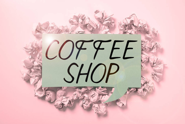 Написание отображения текста Кофейня, концепция означает небольшой неформальный ресторан, предлагающий кофе и легкие закуски - Фото, изображение