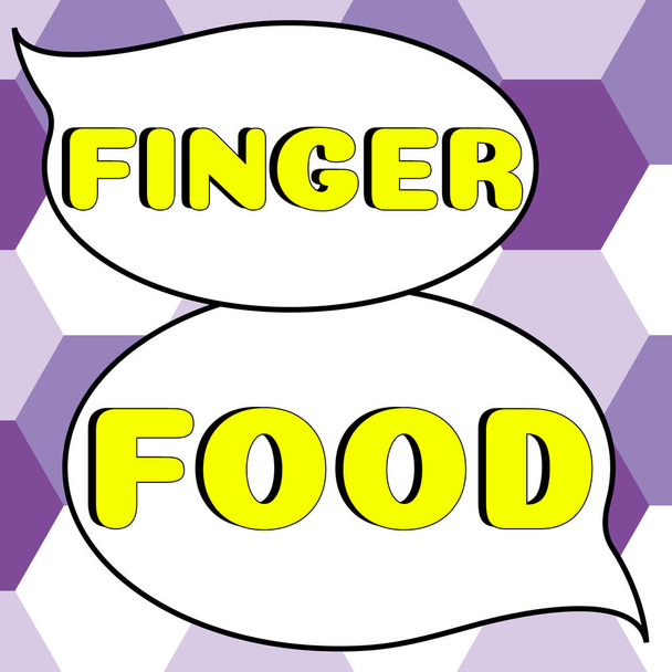 Kavramsal gösterim parmak gıdası, iş vitrini ürünleri ve yemek yemek için parmaklarıyla tutulacak sindirim ürünleri - Fotoğraf, Görsel