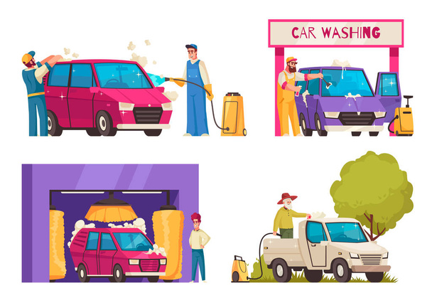 Ícones de desenho animado de lavagem de carro conjunto com trabalhadores pulverização e limpeza de veículos ilustração vetorial isolado - Vetor, Imagem