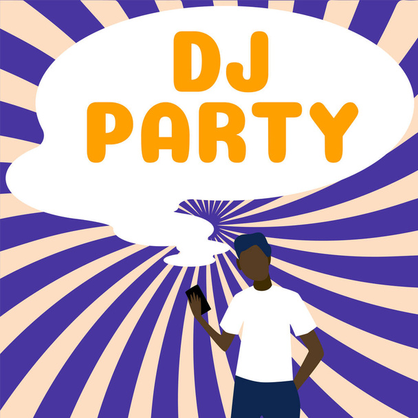 Tekst weergeven Dj Party, Business concept persoon die introduceert en speelt opgenomen populaire muziek op de radio - Foto, afbeelding