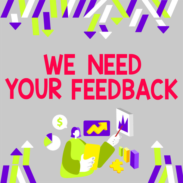 Znak tekstowy pokazujący We Need Your Feedback, Word Written on Daj nam swoją recenzję myśli komentarze co do poprawy - Zdjęcie, obraz