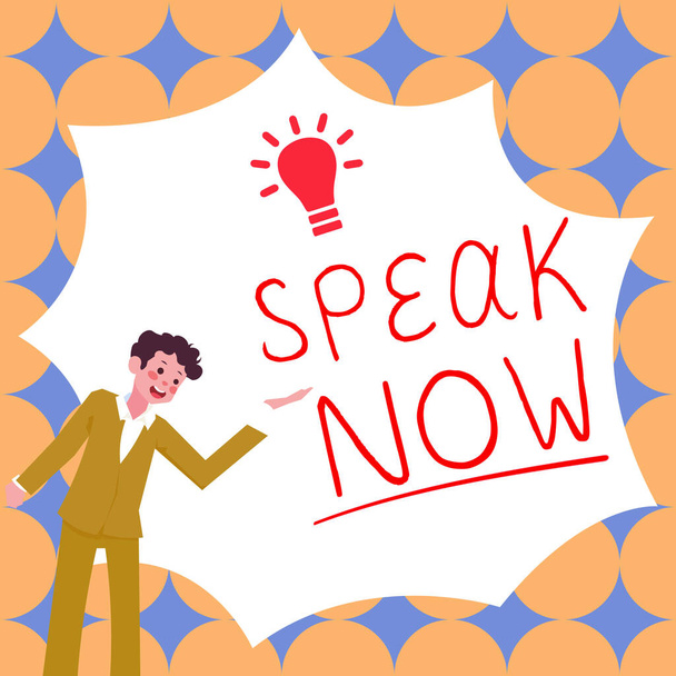 Вивіска, що відображає Speak Now, Бізнес ідея Спілкуйтеся з нами своїми почуттями та інформацією Голос
 - Фото, зображення