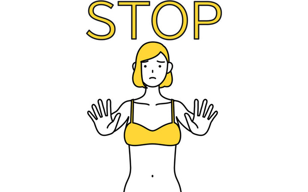 Haj eltávolítása és esztétikai szalon kép, egy nő fehérneműben a kezét a teste előtt, jelezve a stop. - Vektor, kép