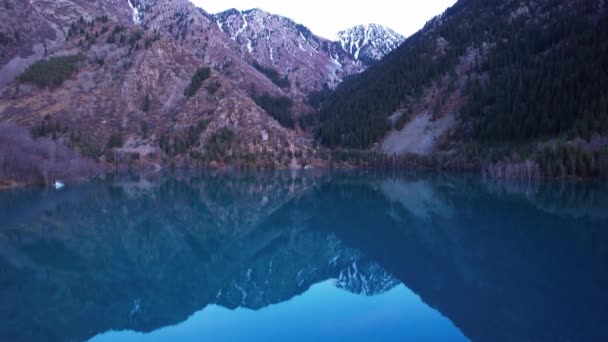 Ciemnoniebieskie lustro kolor wody w górskim jeziorze. Gładka powierzchnia jest jak lustro, drzewa, żółto-zielone wzgórza, góry i niebo są odzwierciedlone. Kufry drzewne stoją w wodzie. Issyk - Materiał filmowy, wideo