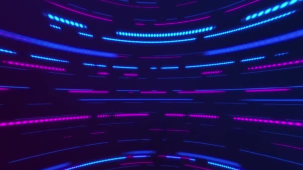 Fundo cyberpunk na moda com linhas de néon rosa e azul brilhantes, linhas tracejadas e pontos se movendo através do quadro. Full HD, looping movimento abstrato animação de fundo. - Filmagem, Vídeo