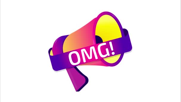 Banner de Omg, etiqueta, ícone de crachá com megafone. Design plano. Animação em movimento de vídeo 4K - Filmagem, Vídeo