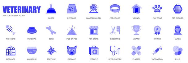 Eläinlääkinnällinen käsite web kuvakkeet asetettu yksinkertainen litteä muotoilu. Pakkaus kauha, lemmikkieläinten ruoka, hamsterin pyörä, kaulus, kenneli, tassu tulostaa, luu, myymälä, grooming ja muut. Vektorin siniset kuvamerkit mobiilisovellukselle - Vektori, kuva