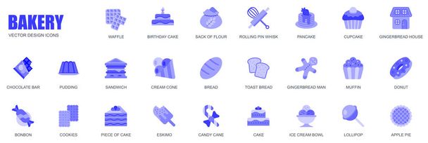 Pekařský koncept webových ikon v jednoduchém plochém designu. Balení vaflí, narozeninového dortu, válečku, whisky, palačinky, košíčku, perníku, čokolády a dalších. Vektorové modré piktogramy pro mobilní aplikaci - Vektor, obrázek