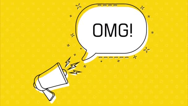 Omg. Megaphone and yellow speech bubble with quote. Blog management. Concept poster for social networks, advertising, banner. Flat design. 4K video animation - Footage, Video