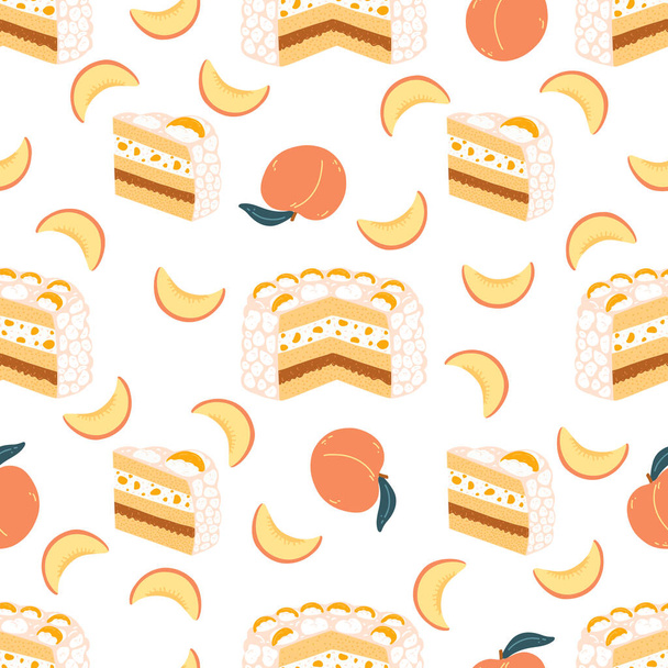 Saumaton kuvio Uruguayn kakku chaja sarjakuva tasainen tyyli. Käsin piirretty vektori tausta sienellä kakku ja persikat, kansanruokaa, Latinalainen Amerikka makea. - Vektori, kuva