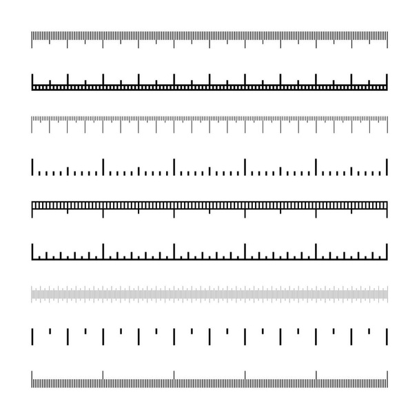 Varias escalas de medición con divisiones. Escala realista para medir longitud o altura en centímetros, milímetros o pulgadas. Regla, marcas de cinta métrica, indicadores de tamaño. Ilustración vectorial. - Vector, imagen
