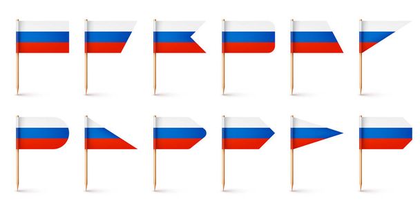 Realistic various Russian toothpick flags. Souvenir from Russia. Wooden toothpicks with paper flag. Location mark, map pointer. Blank mockup for advertising and promotions. Vector illustration. - Vector, Image