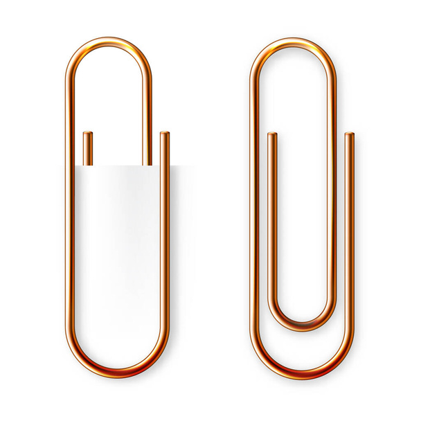 Realistic copper paperclip attached to paper isolated on white background. Shiny metal paper clip, page holder, binder. Workplace office supplies. Vector illustration. - Vector, Image