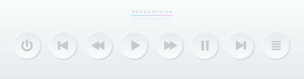 Beyaz çalma düğmesi simgeleri. Neumorphic UI müzik çalar düğmeleri. Nöroorfizm tarzında vektör ses veya video arayüzü ögeleri, yumuşak grafik tasarımı - Vektör, Görsel