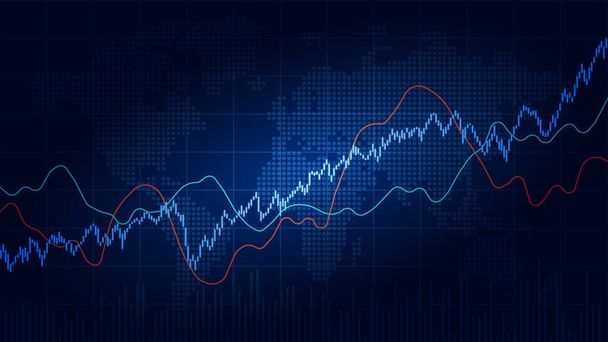世界株式市場の指標グラフ。ローソク足チャート、折れ線グラフ、棒グラフ。株式市場の成長図。金融市場の背景。青い色だ。ベクターイラスト - ベクター画像