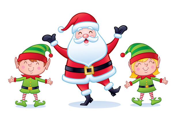 Alegre y feliz personaje de Santa Claus mirando de pie entre un niño sonriente y elfos niña que tienen sus brazos extendidos. - Foto, imagen