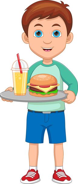 little boy with a drink and hamburger - Vector, Image
