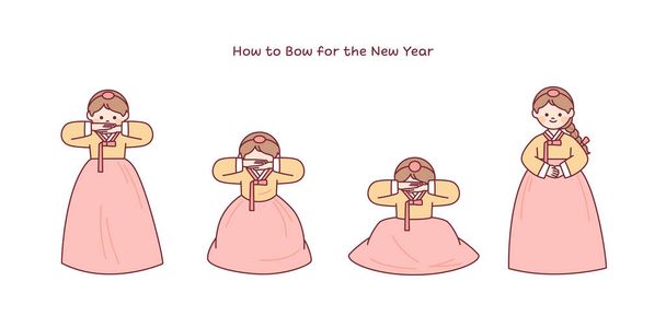 A girl wearing a hanbok is doing a traditional Korean greeting. How to do a traditional Korean bow. - Vector, Image